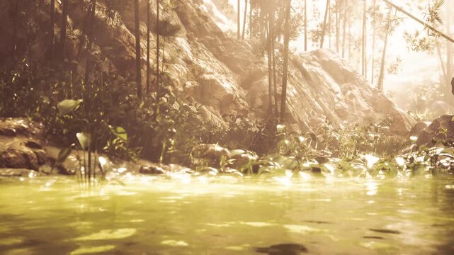 Sunlight filters through tall trees, illuminating a serene pool of water nestled among rocks and vibrant plants. The atmosphere feels peaceful and untouched in this natural landscape.