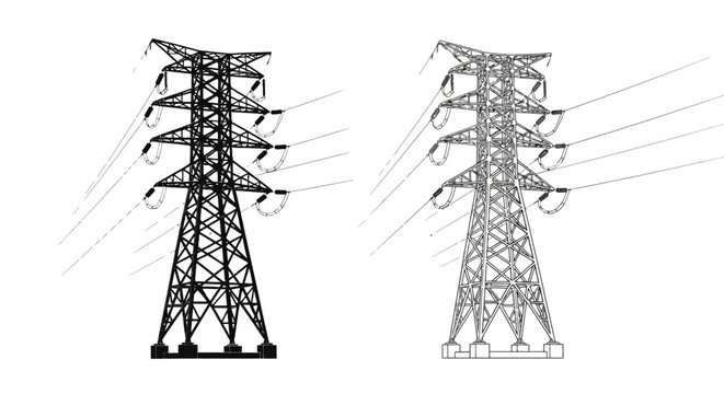 Two high voltage electricity pylons depicted in a minimalist black and white style