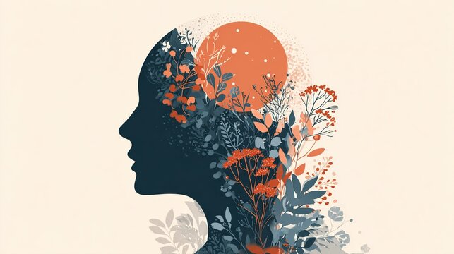 A creative illustration of a human head filled with vibrant flowers and plants under a sunset