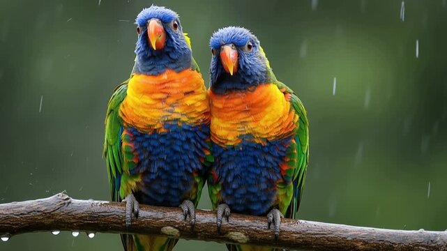 Two colorful parrots sitting on a branch in the rain video