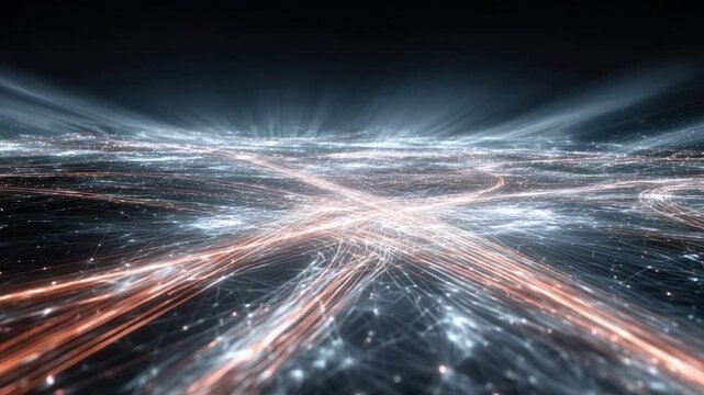 Cosmic Cityscape: A mesmerizing digital rendering presents a celestial metropolis, where light beams intertwine, crafting a breathtaking scene of cosmic pathways and illuminated landscapes.