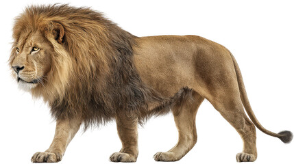 Male lion walking in a clear setting with a proud stance, displaying its mane and strong body structure