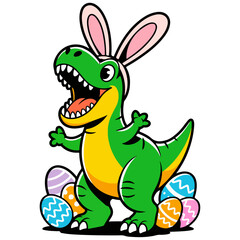 Dinosaur wearing bunny ears with colorful easter eggs cartoon mascot illustration isolated on white background, Easter dinosaur with happy easter egg, Easter bunny ear with easter eggs © Nayan