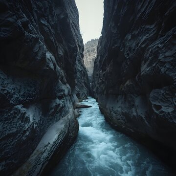 Deep dark canyon walls towering above a fast flowing turquoise river winding through the narrow gorge toward distant sunlight.