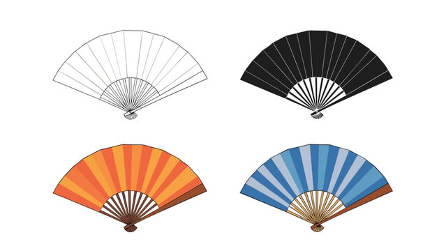 Collection of folding fans shown in four different graphical styles including outline black silhouette and colorful gradients.