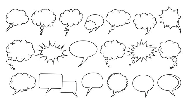 Large collection of various speech and thought bubble shapes in black outline for comics and graphic design layouts.