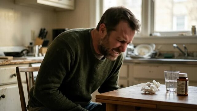 Male adult, experiencing severe abdominal pain, symptomatic of acute pancreatitis, seeking comfort with medication in his kitchen