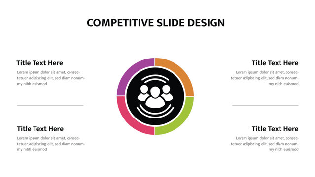 Competitive analysis slide with four segmented points and team icon