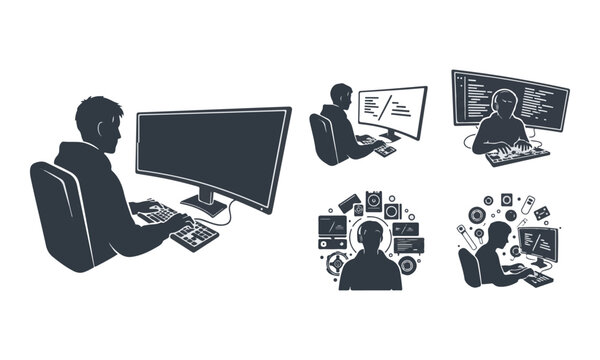 IT Professional and Programmer Working Silhouettes Vector Illustration Set