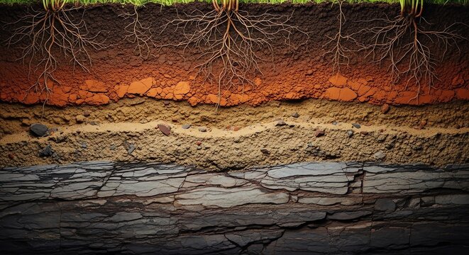 Crosssection of soil layers with plant roots visible in the top layer.