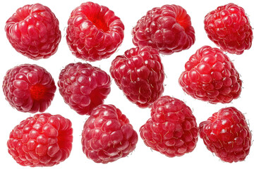 Fresh raspberries arranged on a white background showcasing their natural shape and color during the harvest season