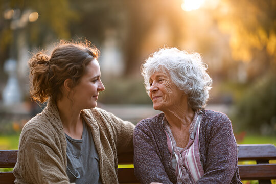 Grandmother and granddaughter share a warm sunset moment on a park bench &mdash; heartfelt intergenerational bond, conversation, and gentle companionship