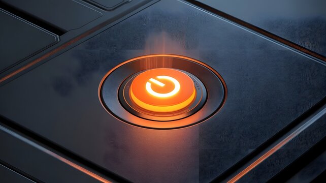 Glowing orange power button on dark electronic device