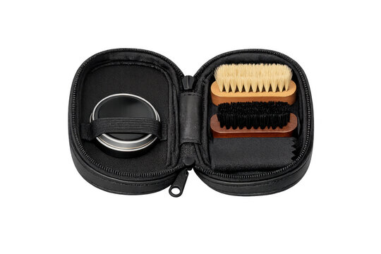 Black leather shoe polish kit traveling case
