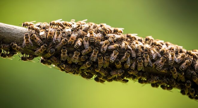 Large swarm of honeybees clustered together on a tree branch outdoors.