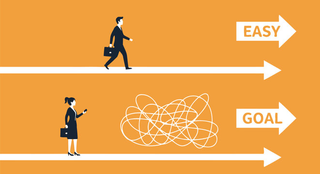 Business people choosing between easy and difficult paths