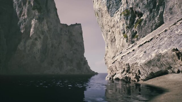 A tranquil view of a coastal area featuring towering cliffs on either side of a calm body of water. The soft light of dusk casts a peaceful ambiance over this natural setting.
