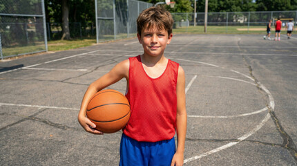 Fototapeta premium Boy holding basketball and smiling on outdoor court in summer 