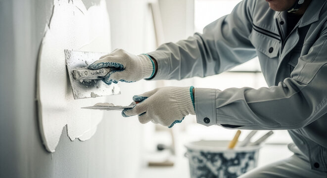 室内の壁をコテで仕上げる左官職人の手元クローズアップ、手袋と作業着で塗り壁を均一に整えるリフォーム・内装工事の現場イメージ