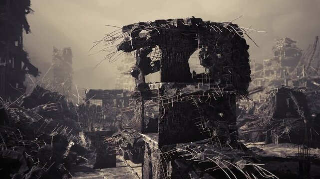 A devastated urban landscape filled with crumbling structures and exposed steel reinforcements. A sense of desolation pervades the atmosphere as remnants of civilization stand in ruins.
