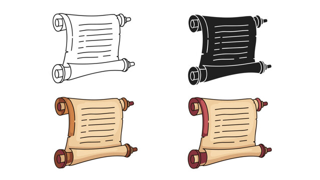Ancient paper scrolls depicted in four different styles including outline, solid black, and vintage parchment color tones.