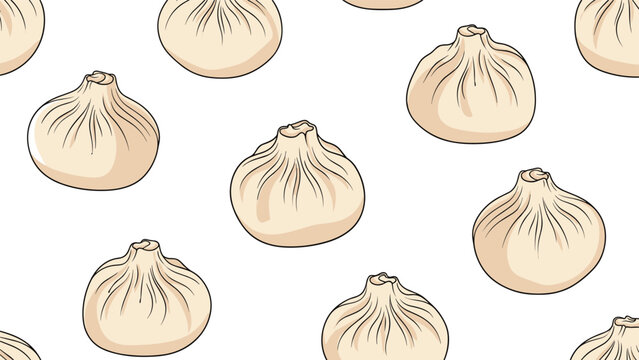 Seamless pattern of traditional georgian khinkali dumplings hand drawn in a simple and appetizing style on a white background.