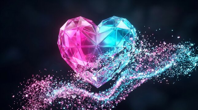 A floating geometric heart dissolving into vibrant
