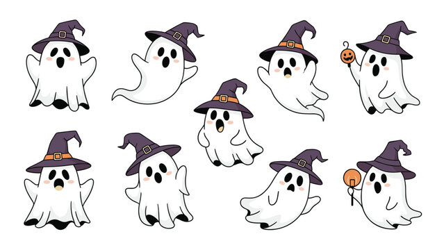 Collection of adorable cartoon ghosts wearing purple witch hats and posing in different spooky and fun ways for halloween.
