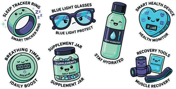 Smart Health and Wellness Technology Kawaii Sticker Set for Biohacking

