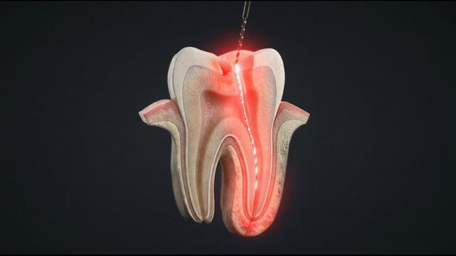 Detailed 3D Animation of a Root Canal Treatment on an Infected Tooth Showing Dental Surgery Procedure