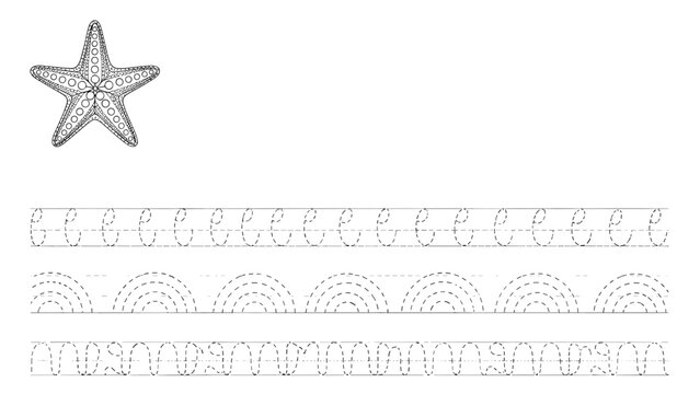 Prewriting skills worksheet for preschoolers featuring a starfish and various curved tracing lines to develop fine motor control for kids.