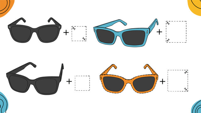 Mathematical matching game for preschoolers featuring different styles of sunglasses and square boxes for logic and pattern recognition skills.