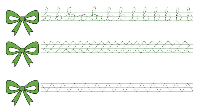 Educational handwriting practice worksheet for kids featuring green bows and rows of dotted lines and letters for writing development.