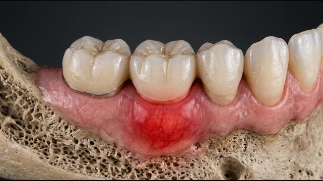 Detailed anatomical model of a human jawbone showing severe dental gum inflammation and bone loss requiring dentistry surgery