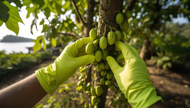 Hands Wearing Garden Gloves picking Bilimbi (Irumban Puli)