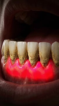 Detailed animation of inflamed gums and plaque-covered teeth illustrating the progression of periodontal disease and poor oral hygiene