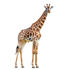 Obraz premium Giraffe stands alone in a white background, showcasing its long neck and unique coat pattern while making a calm pose during midday hours