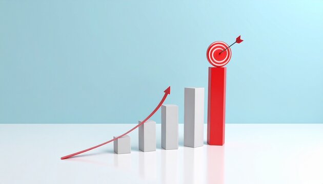 Ascending bar chart with red arrow highlighting growth and achievement