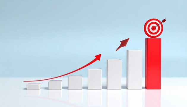 Ascending bar chart with red arrow highlighting growth and achievement