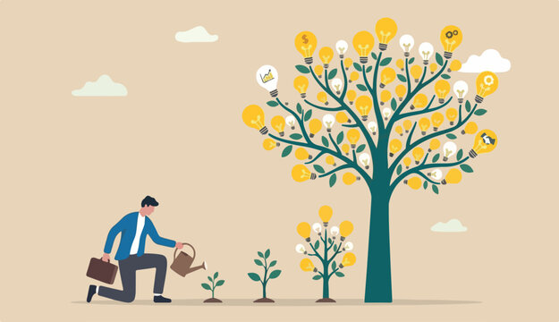 Planting new idea, growing business development, progress growth strategy, solution, learning, education or creativity concept, smart businessman watering seedling grow high with lightbulb ideas