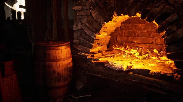 An old forge showcases bright glowing embers as metal tools are heated in a rustic environment. A wooden barrel stands nearby, adding to the workshops historical charm.