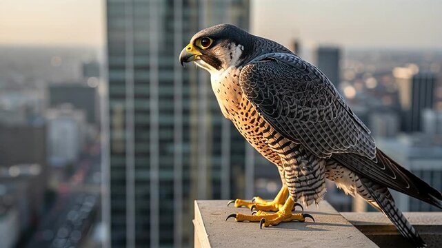 Majestic Peregrine Falcon Perched on a City Skyscraper at Sunset.