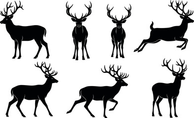 Fototapeta premium Black Deer Silhouette Vector Set Featuring Stags With Large Antlers In Various Poses Including Standing Running Jumping And Walking Positions