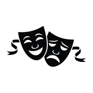 Black and white illustration of comedy and tragedy theatrical masks with ribbons