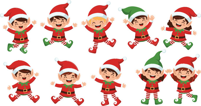Cute Christmas Elf Characters Collection Jumping and Celebrating with Santa Hats Red and Green Holiday Costumes for Festive Winter Decoration Designs