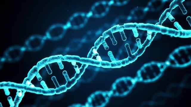3 d rendered d n a helix structure animation with glowing blue light and scientific background