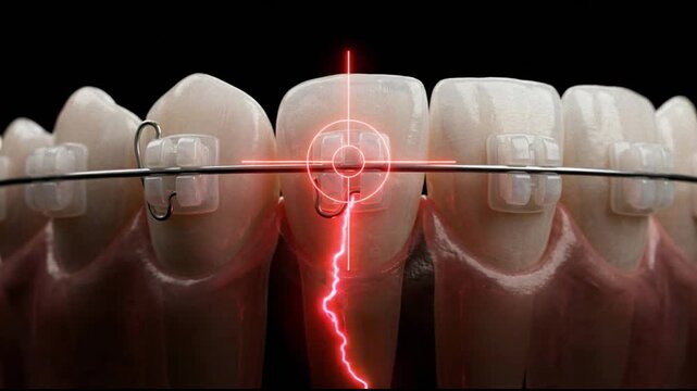 Detailed view of teeth with orthodontic braces, a red target, and lightning effect, illustrating dental pain or sensitivity.