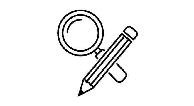A minimalist linear icon featuring a magnifying glass overlapping with a classic graphite pencil