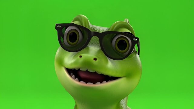 Happy 3D green frog with stylish sunglasses, an animated character smiling brightly on a vivid green screen background, ready for fun projects