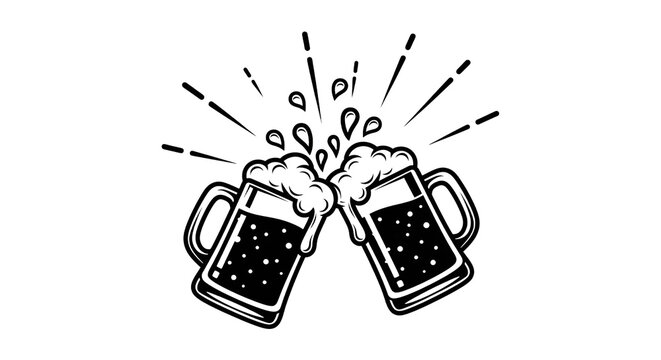 Two frothy beer mugs clinking together in a celebratory toast with dynamic liquid splash effects